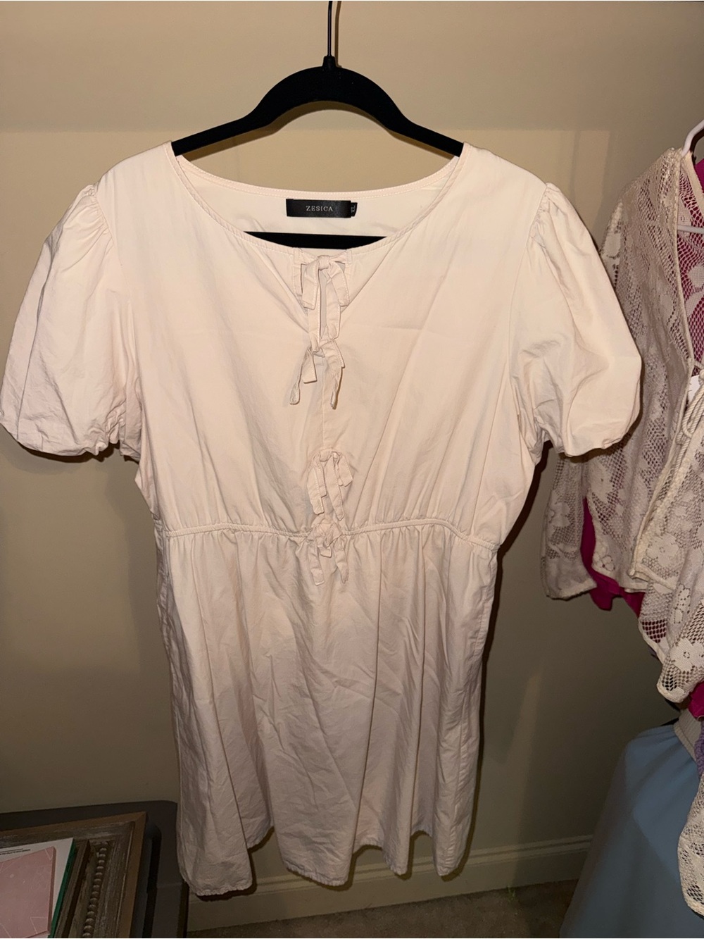 Zesica Cream Tie-Front Puff Sleeve Tunic Dress